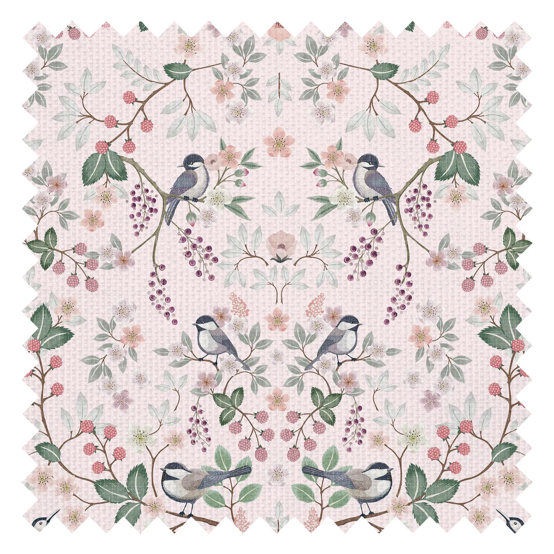 Bramble and Beak Fabric in Pinks and Greens on Soft Pink
