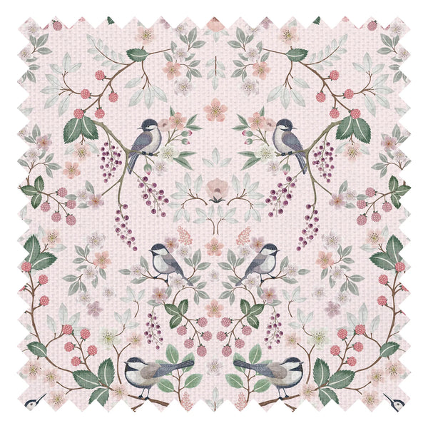 Bramble and Beak Fabric in Pinks and Greens on Soft Pink