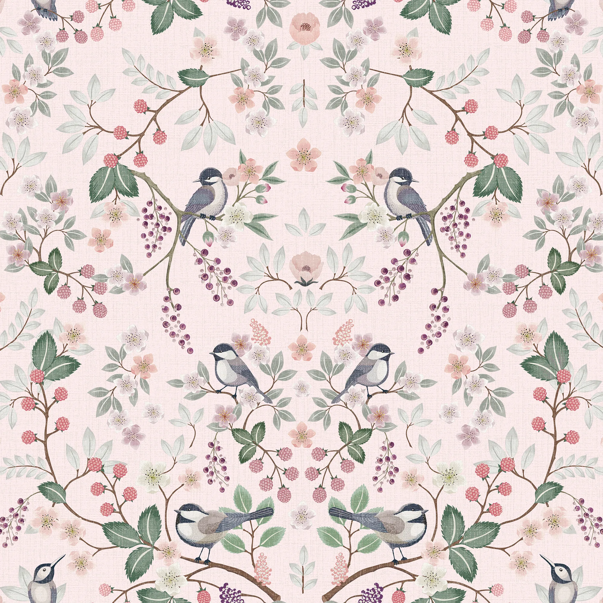 Bramble and Beak Wallpaper in Pinks and Greens on Soft Pink