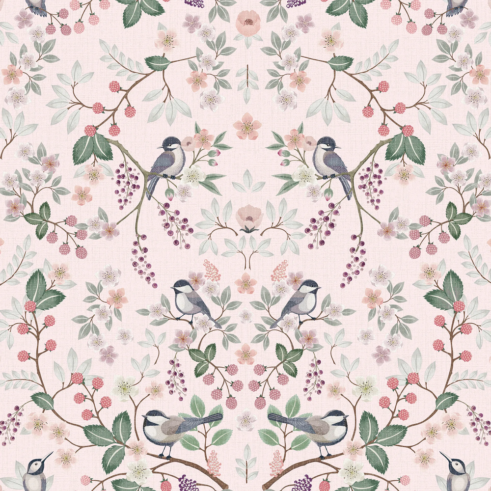 Bramble and Beak Wallpaper in Pinks and Greens on Soft Pink