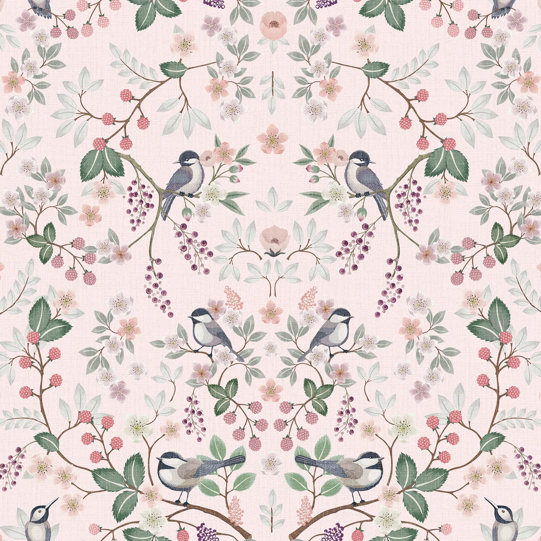Bramble and Beak Wallpaper in Pinks and Greens on Soft Pink