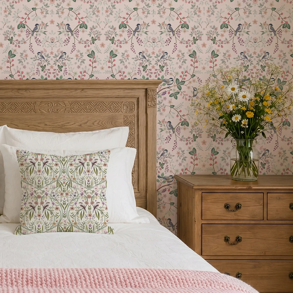 Bramble and Beak Wallpaper in Pinks and Greens on Soft Pink