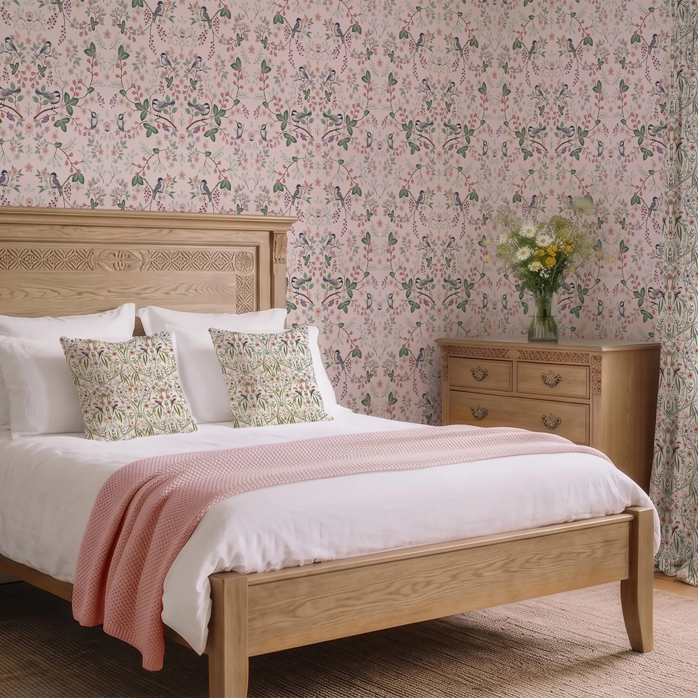 Bramble and Beak Wallpaper in Pinks and Greens on Soft Pink