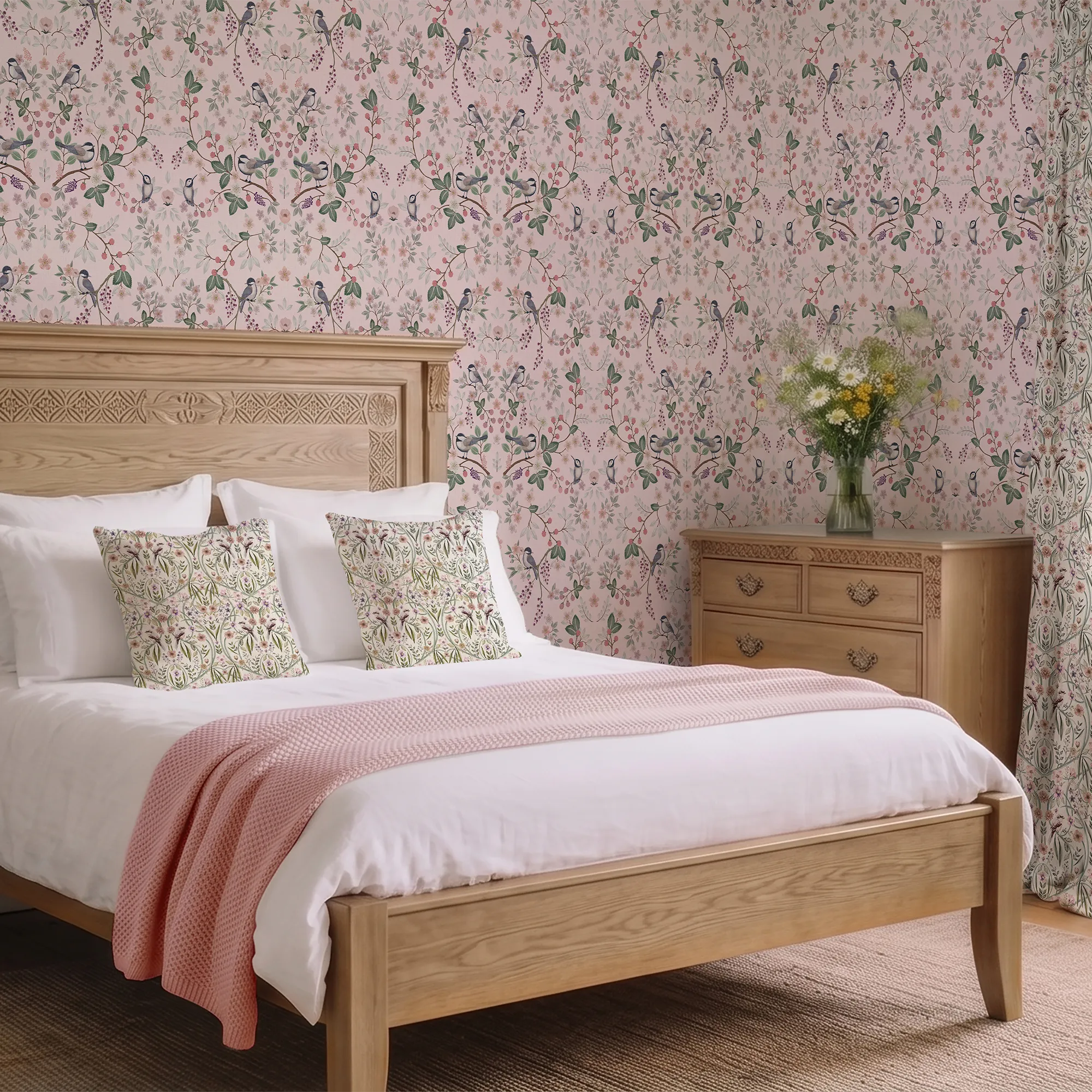 Bramble and Beak Wallpaper in Pinks and Greens on Soft Pink