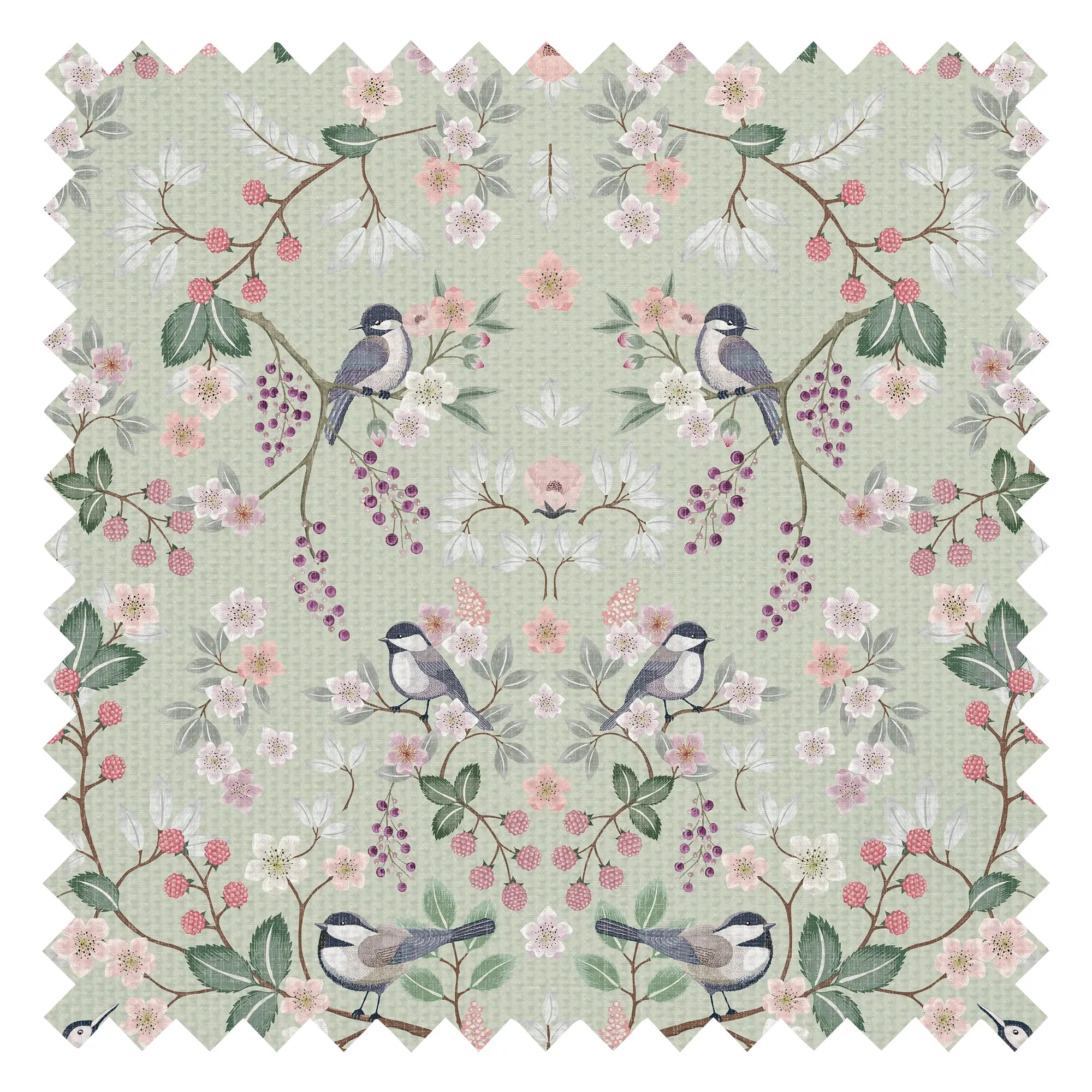 Bramble and Beak Fabric in Pinks and Greens on Sage