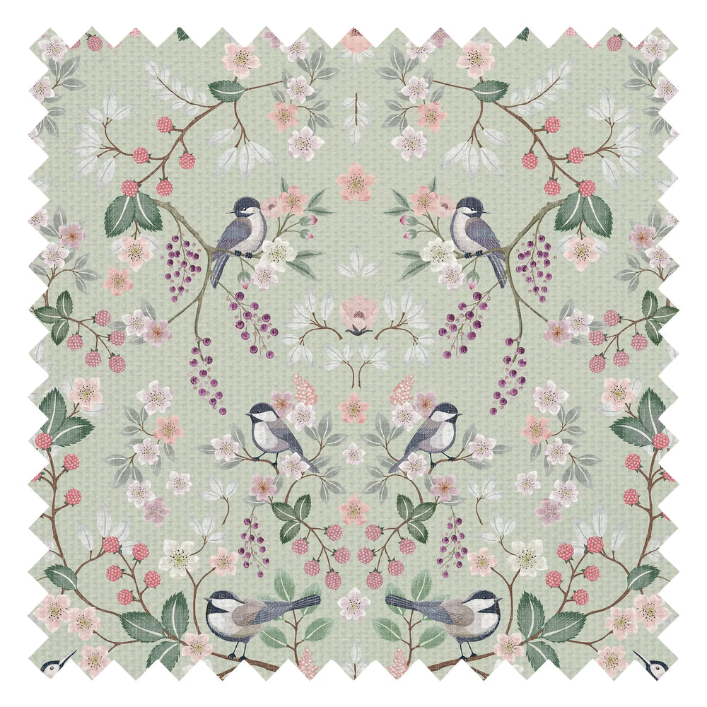 Bramble and Beak Fabric in Pinks and Greens on Sage