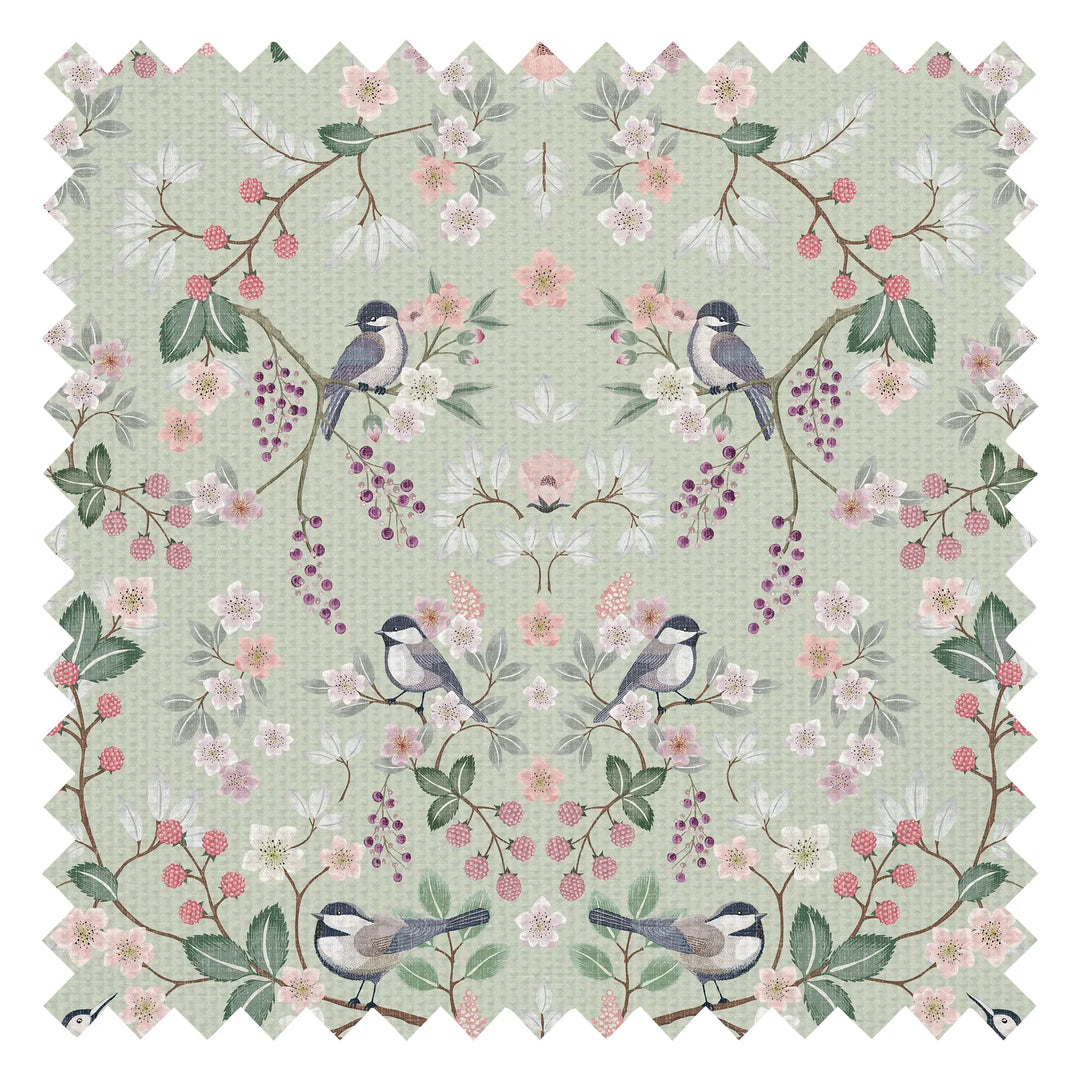 Bramble and Beak Fabric in Pinks and Greens on Sage