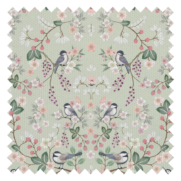 Bramble and Beak Fabric in Pinks and Greens on Sage
