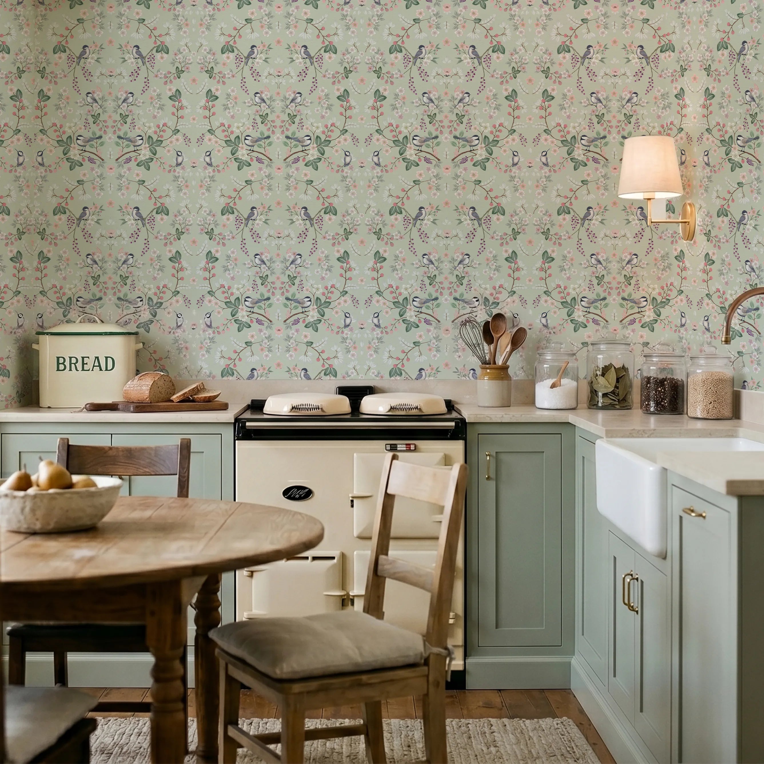 Bramble and Beak Wallpaper in Pinks and Greens on Sage