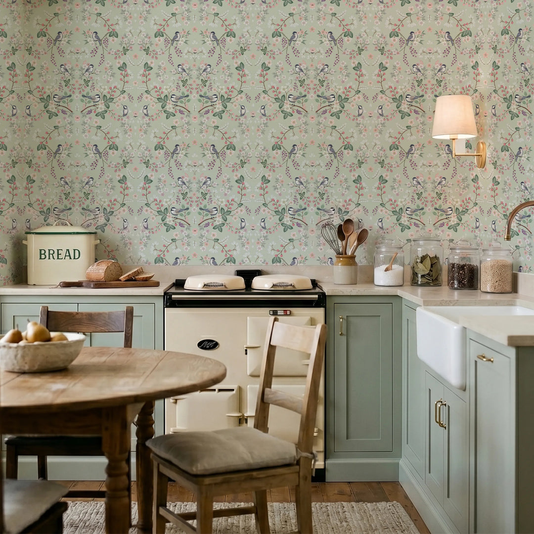 Bramble and Beak Wallpaper in Pinks and Greens on Sage
