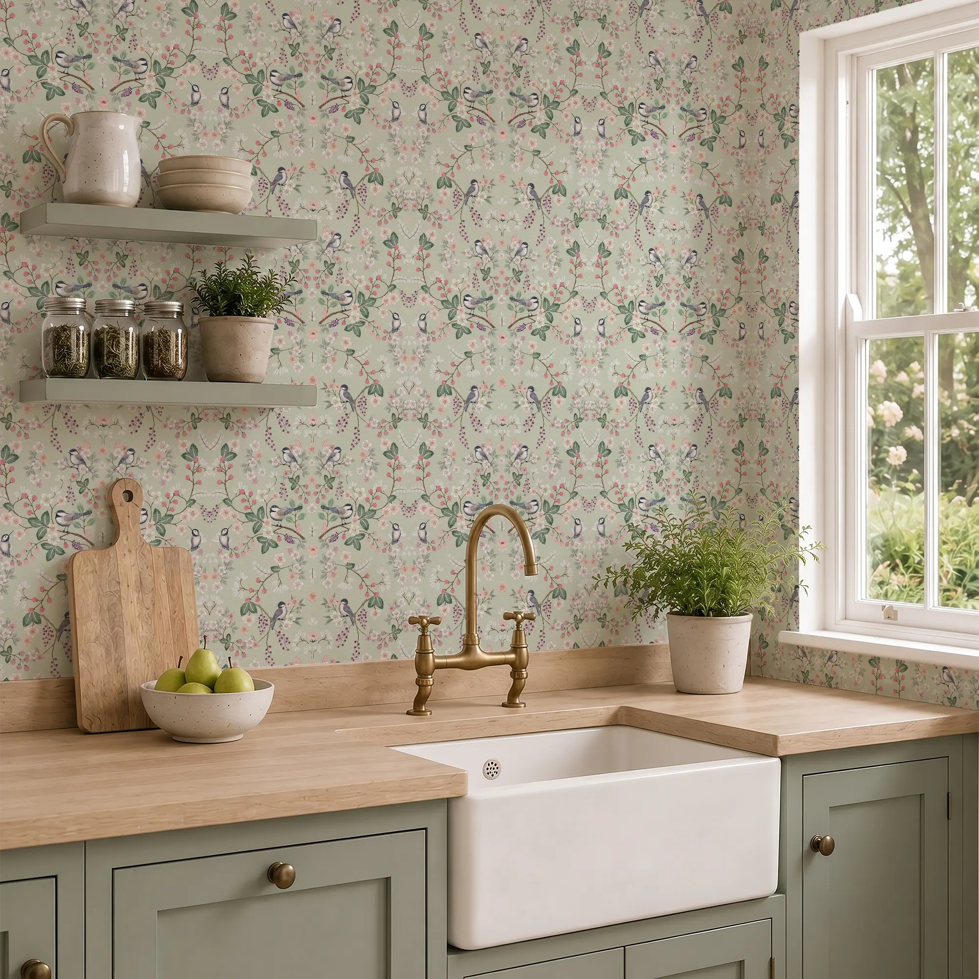 Bramble and Beak Wallpaper in Pinks and Greens on Sage