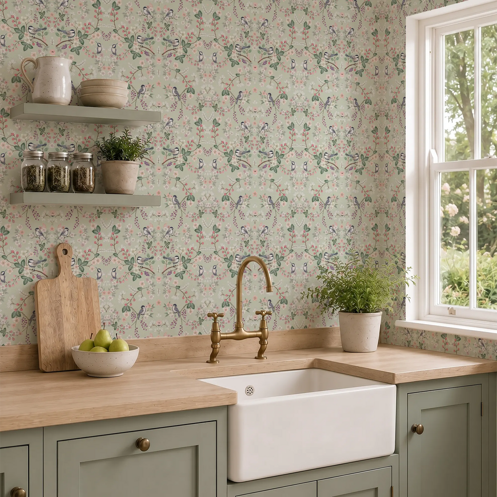 Bramble and Beak Wallpaper in Pinks and Greens on Sage