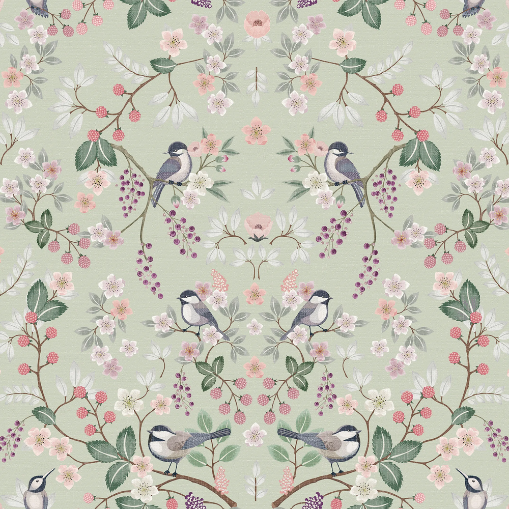 Bramble and Beak Wallpaper in Pinks and Greens on Sage