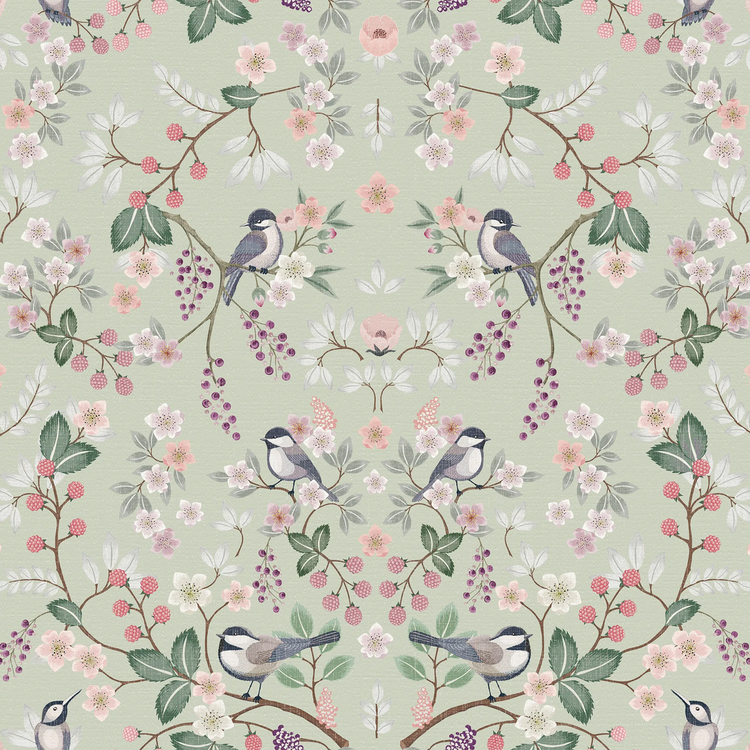 Bramble and Beak Wallpaper in Pinks and Greens on Sage