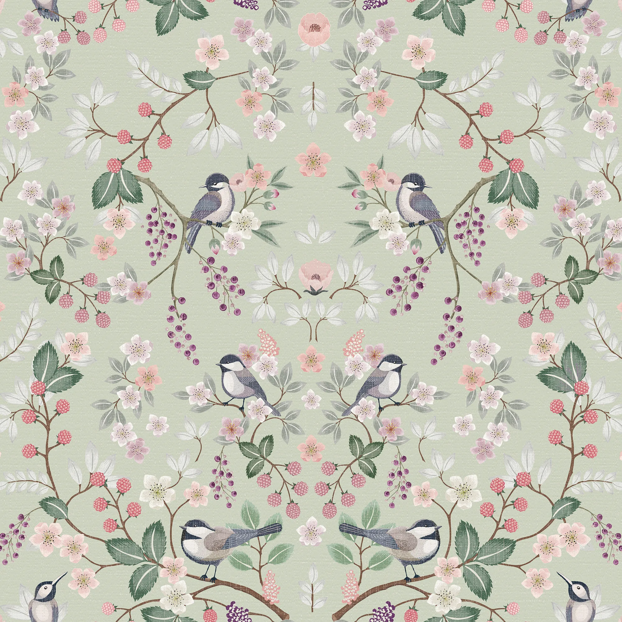 Bramble and Beak Wallpaper in Pinks and Greens on Sage