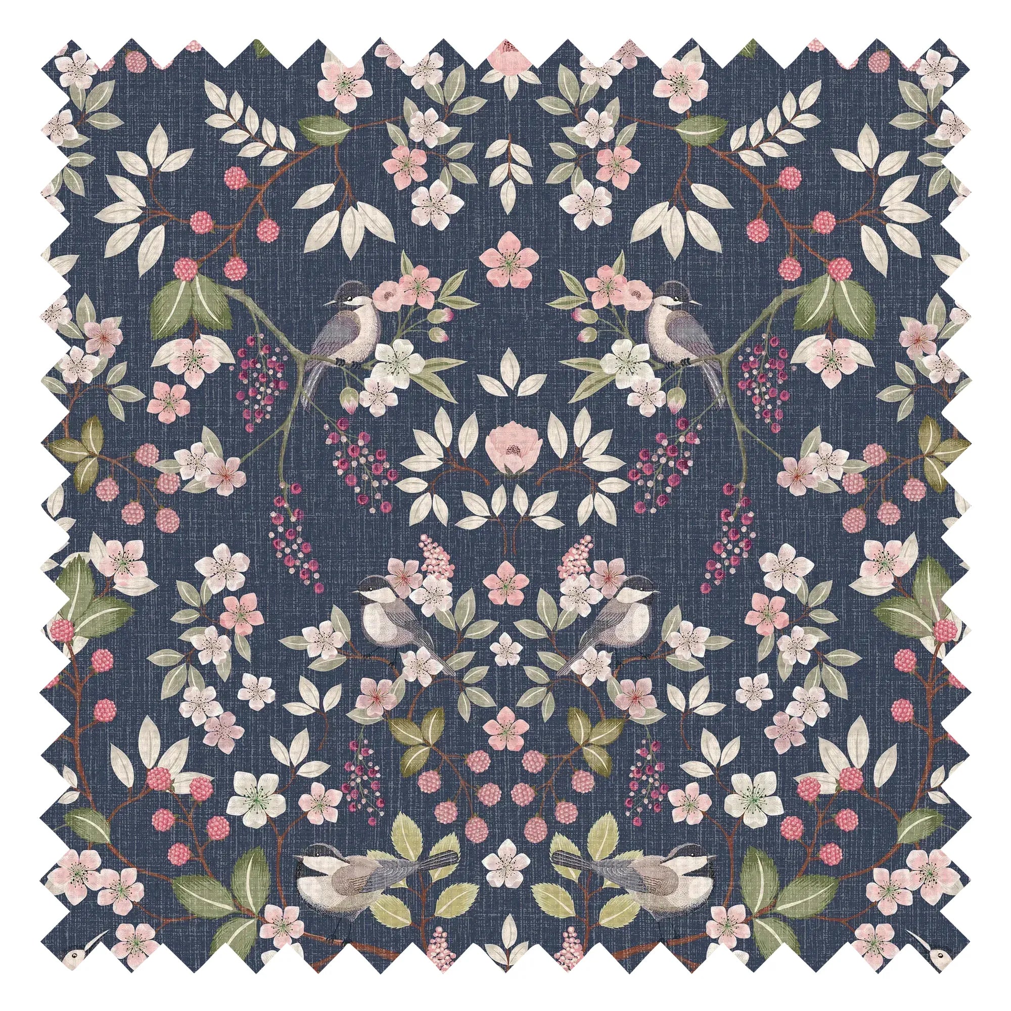 Bramble and Beak Fabric in Pinks and Greens on Classic Navy