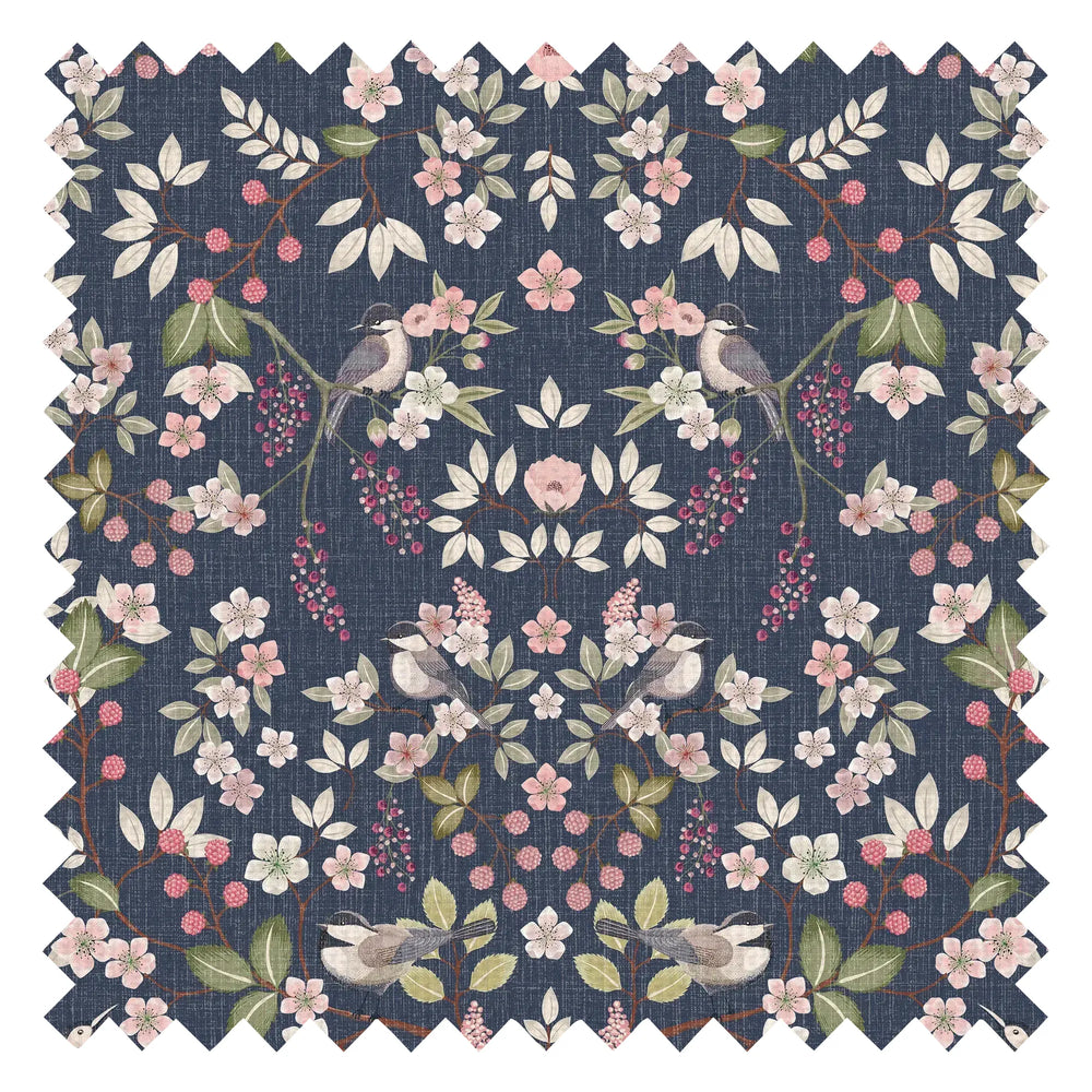 Bramble and Beak Fabric in Pinks and Greens on Classic Navy