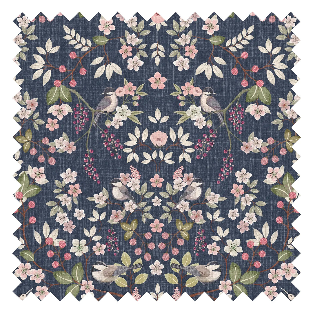 Bramble and Beak Fabric in Pinks and Greens on Classic Navy