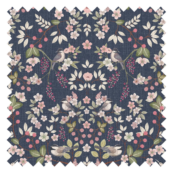 Bramble and Beak Fabric in Pinks and Greens on Classic Navy