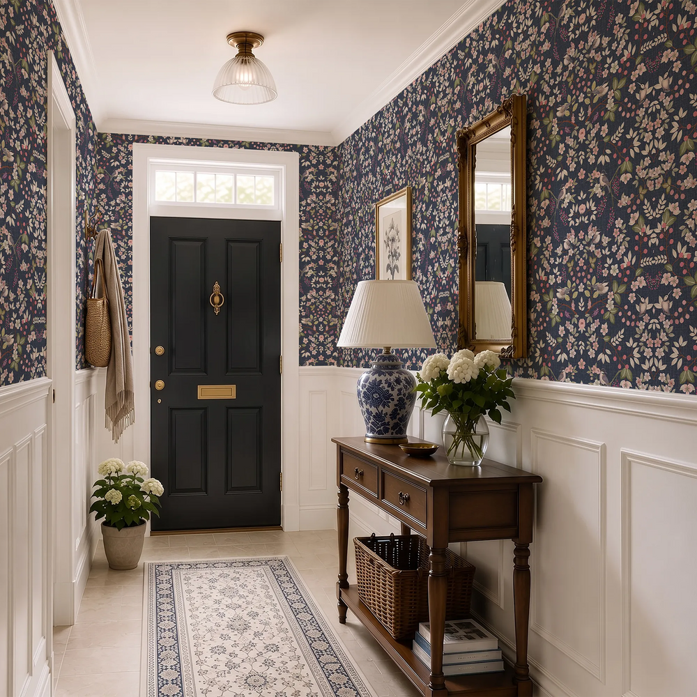 Bramble and Beak Wallpaper in Pinks and Greens on Classic Navy