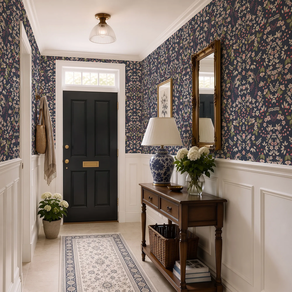 Bramble and Beak Wallpaper in Pinks and Greens on Classic Navy