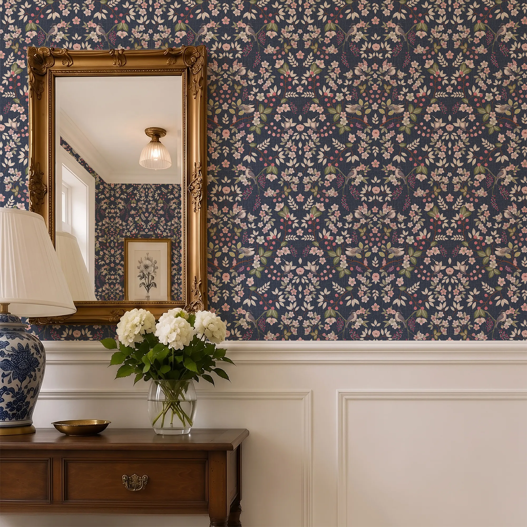 Bramble and Beak Wallpaper in Pinks and Greens on Classic Navy