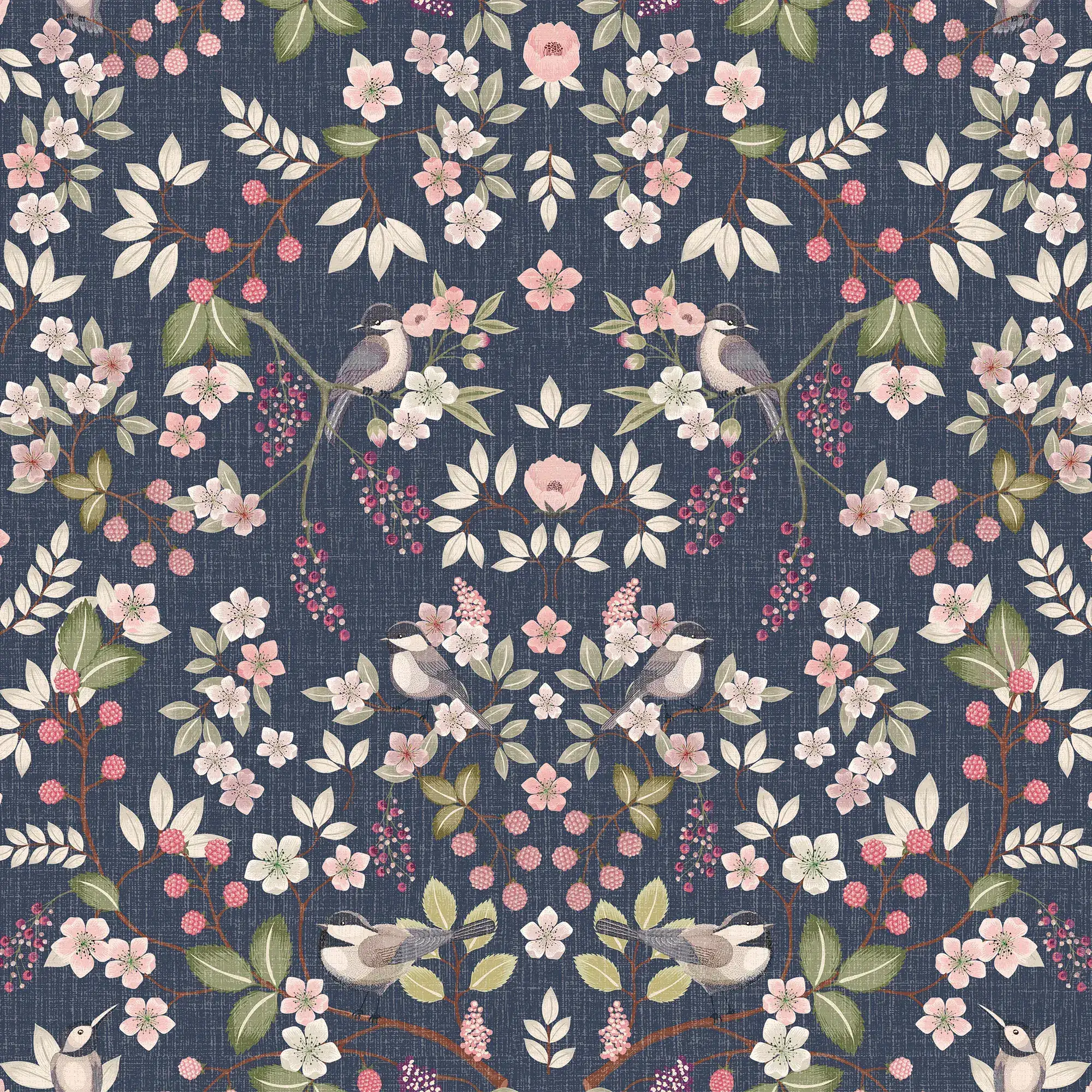 Bramble and Beak Wallpaper in Pinks and Greens on Classic Navy