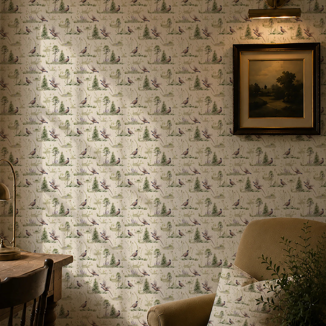 Pheasant Meadow Wallpaper in Cream