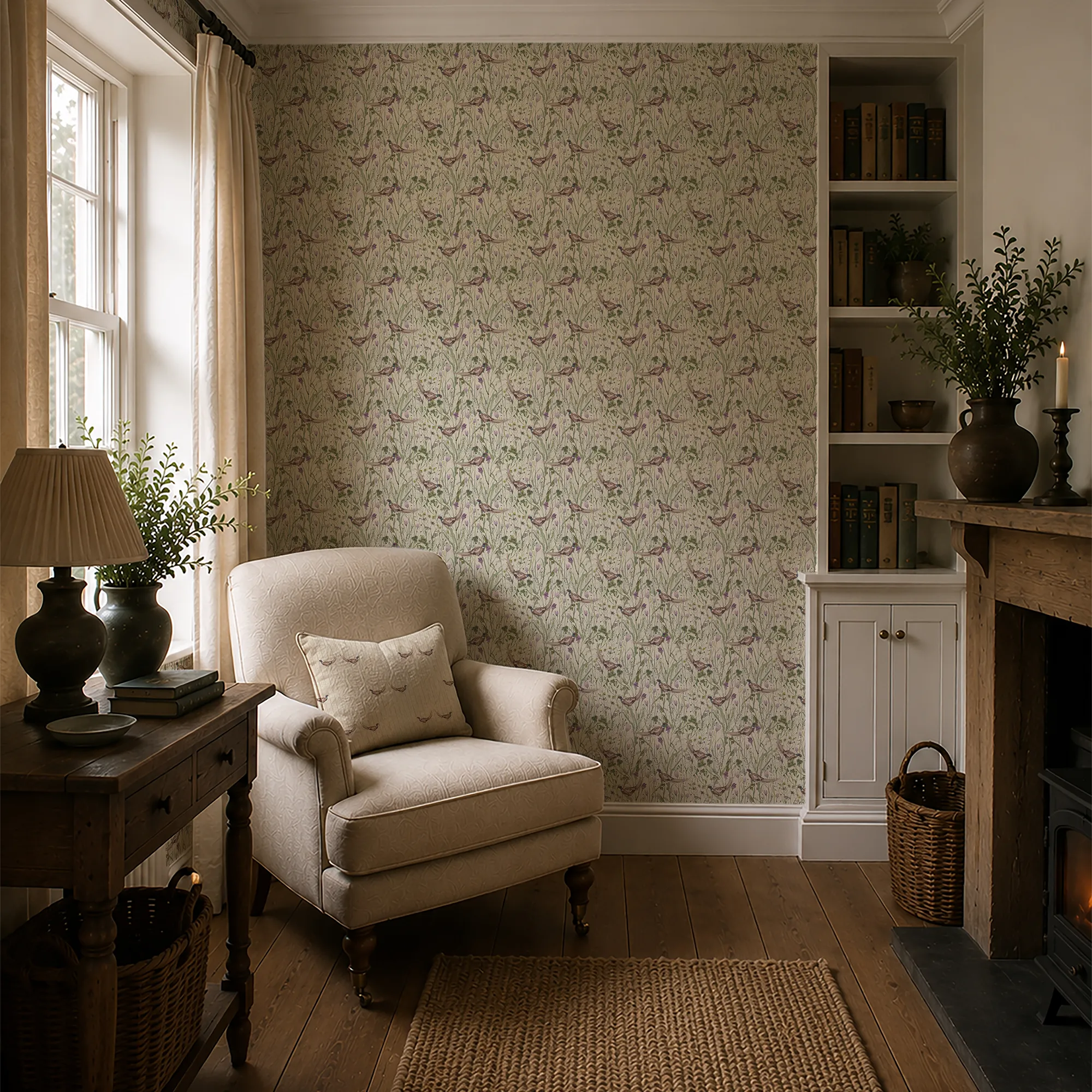 Pheasant Meadow Wallpaper in Cream