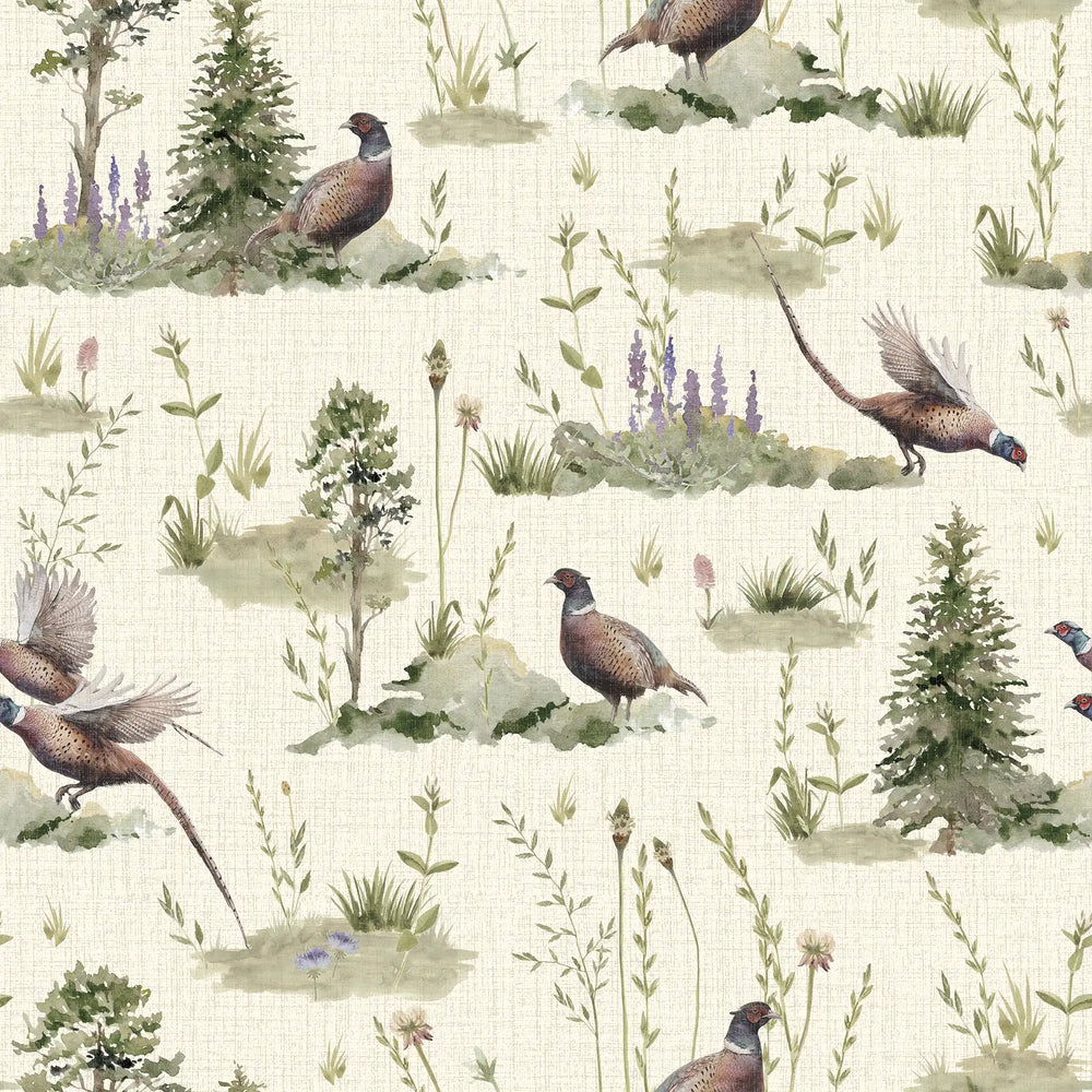 Pheasant Meadow Wallpaper in Cream