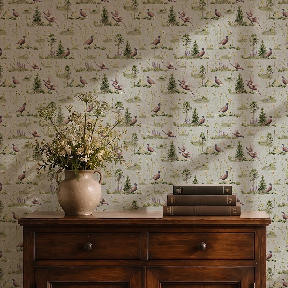Pheasant Meadow Wallpaper in Sage