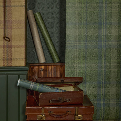 Royal Check Wallpaper in Taupe, Green and Oak Brown