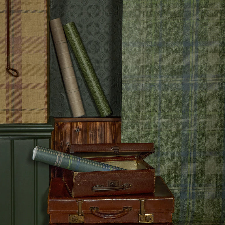 Royal Check Wallpaper in Taupe, Green and Oak Brown