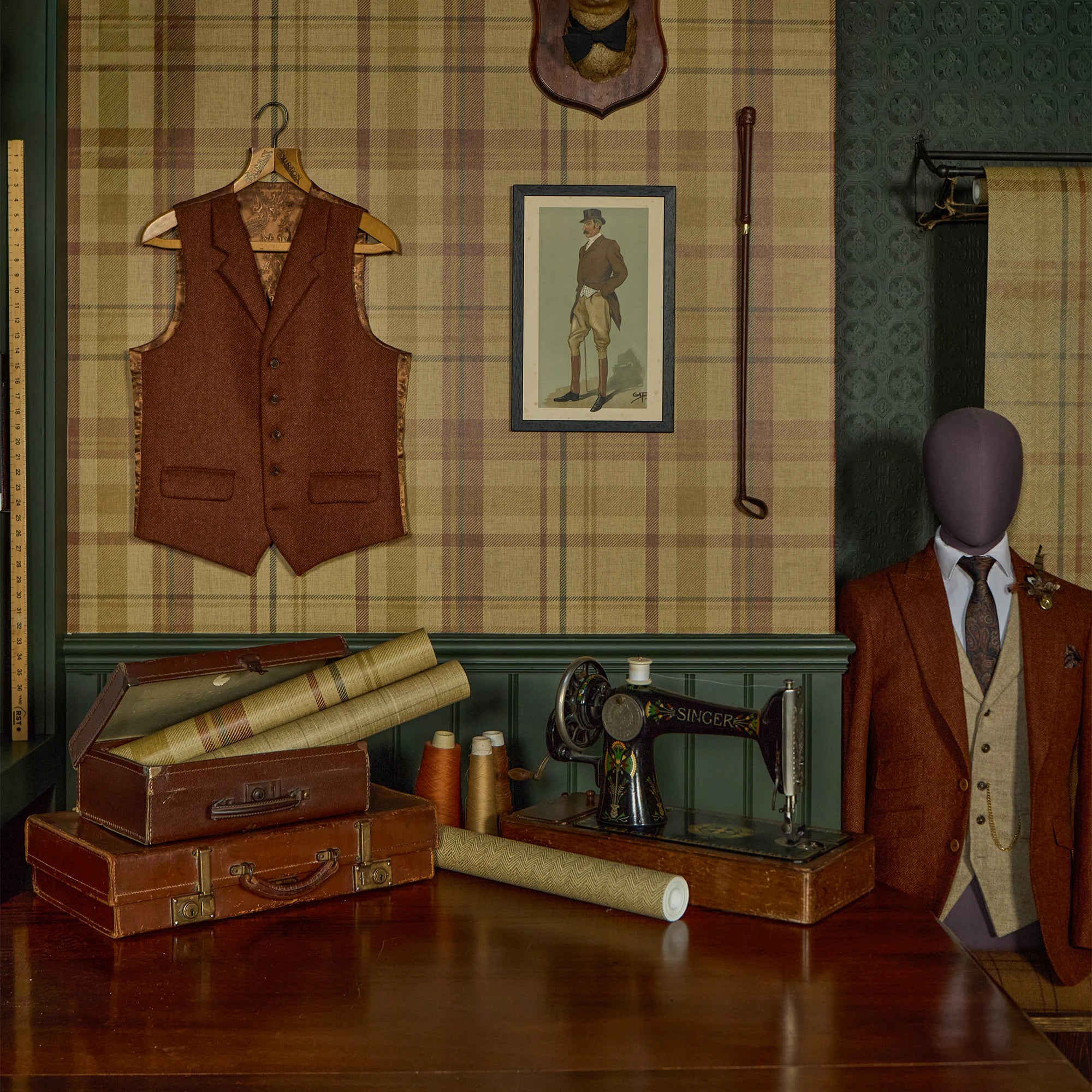 Royal Tartan Wallpaper in Caramel, Hazelnut and Green