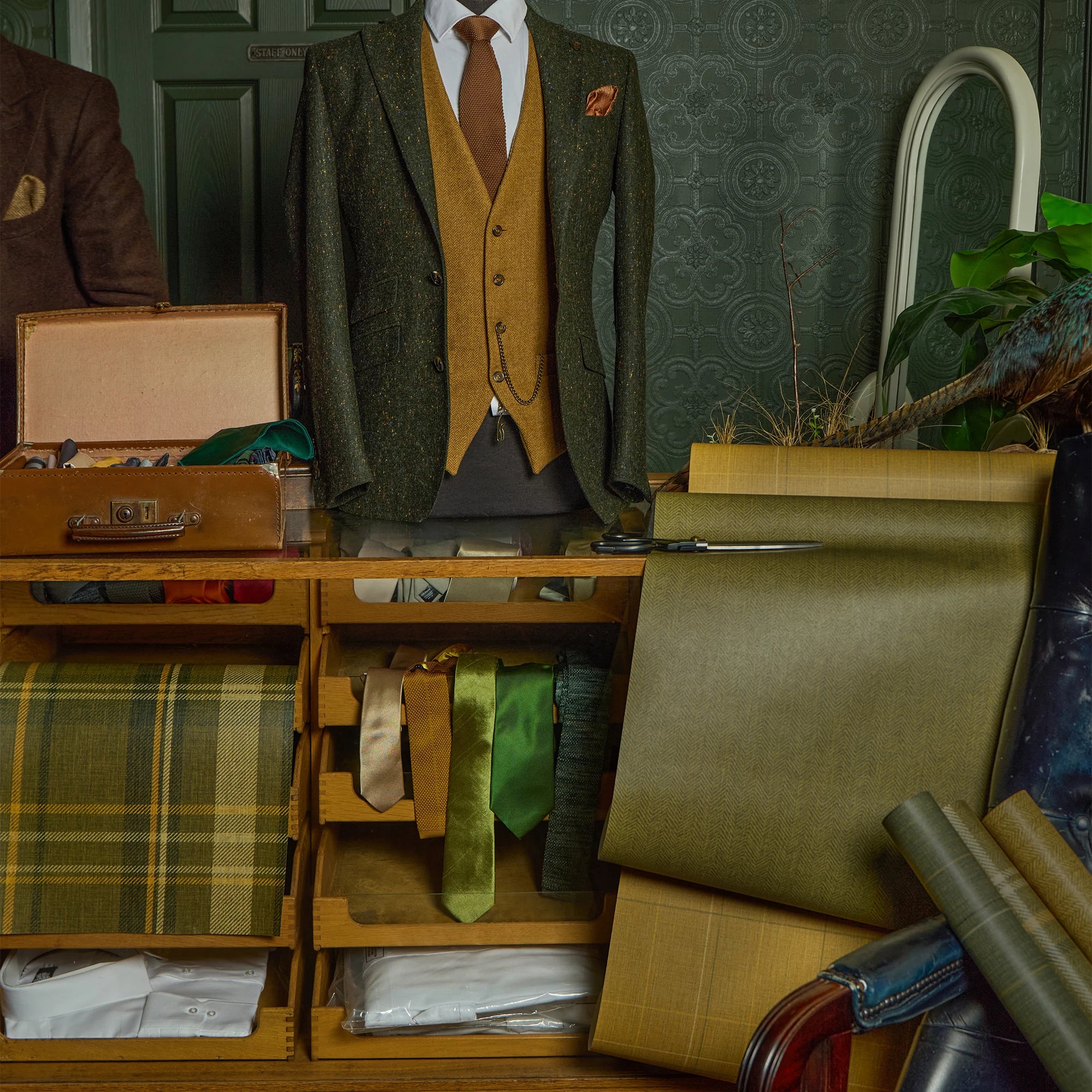 Royal Tartan Wallpaper in Rich Olive, Ochre and Mustard