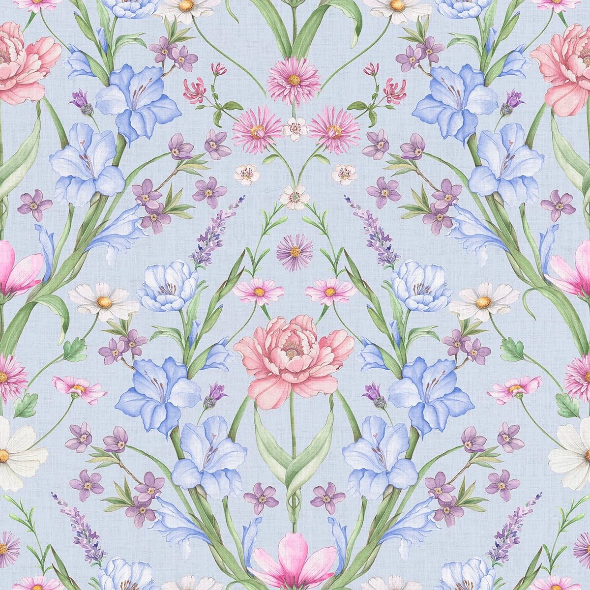 Wallpaper pattern of large scale, blue and pink florals on a light blue background.