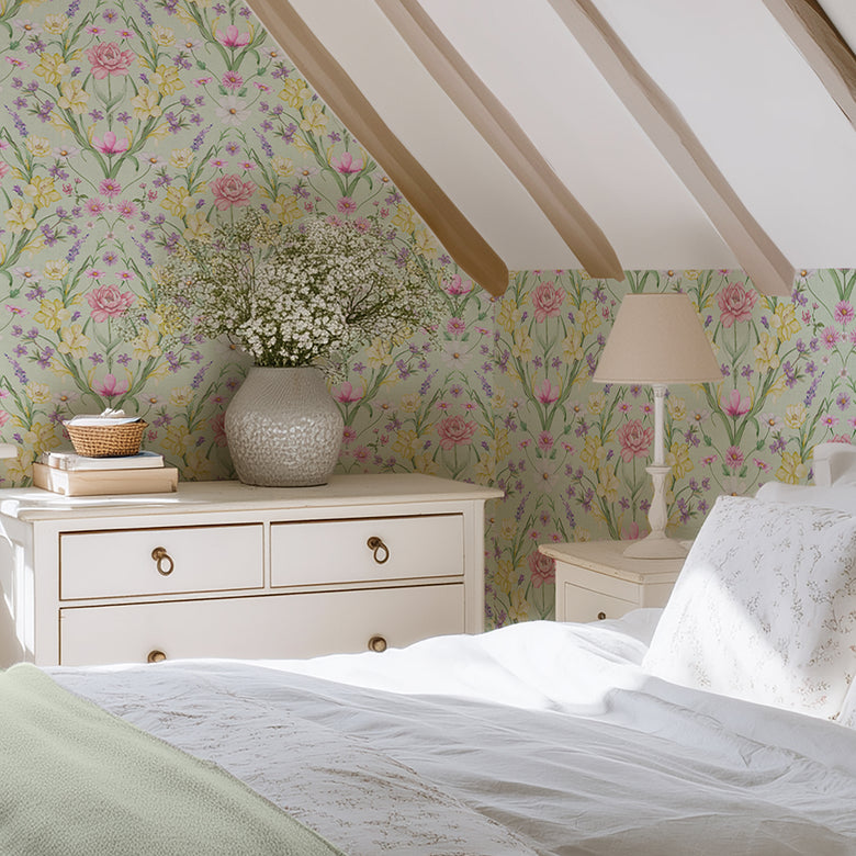 Maisie Wallpaper in Spring Hues on Sage