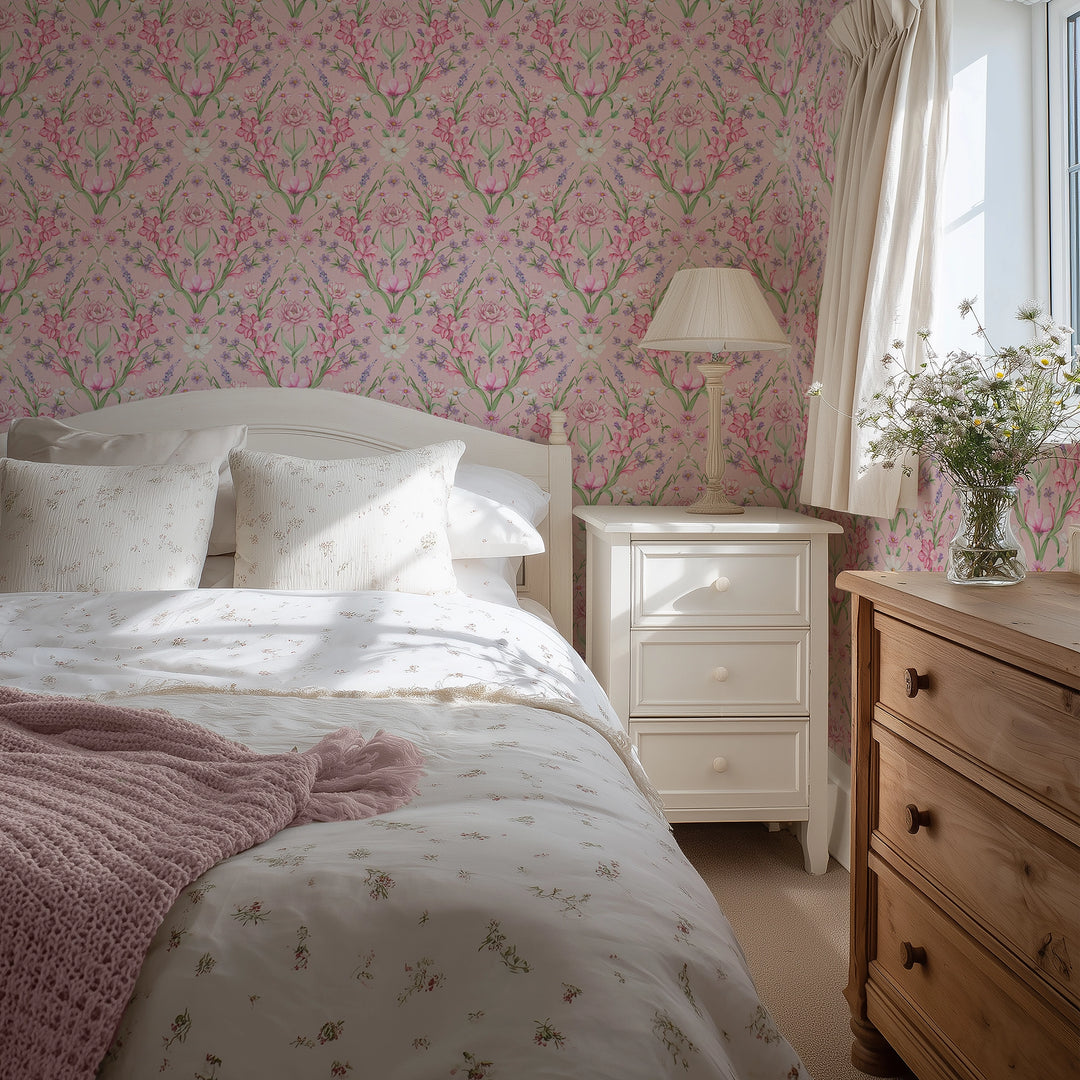 Maisie Wallpaper in Summer Pinks and Lilac