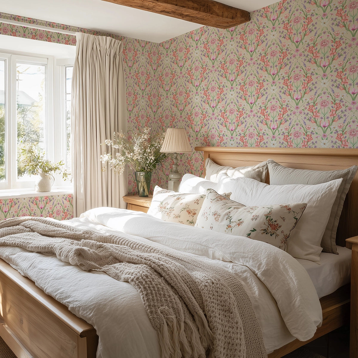Bedroom with large-scale floral wallpaper, wooden bed, and decorative pillows.