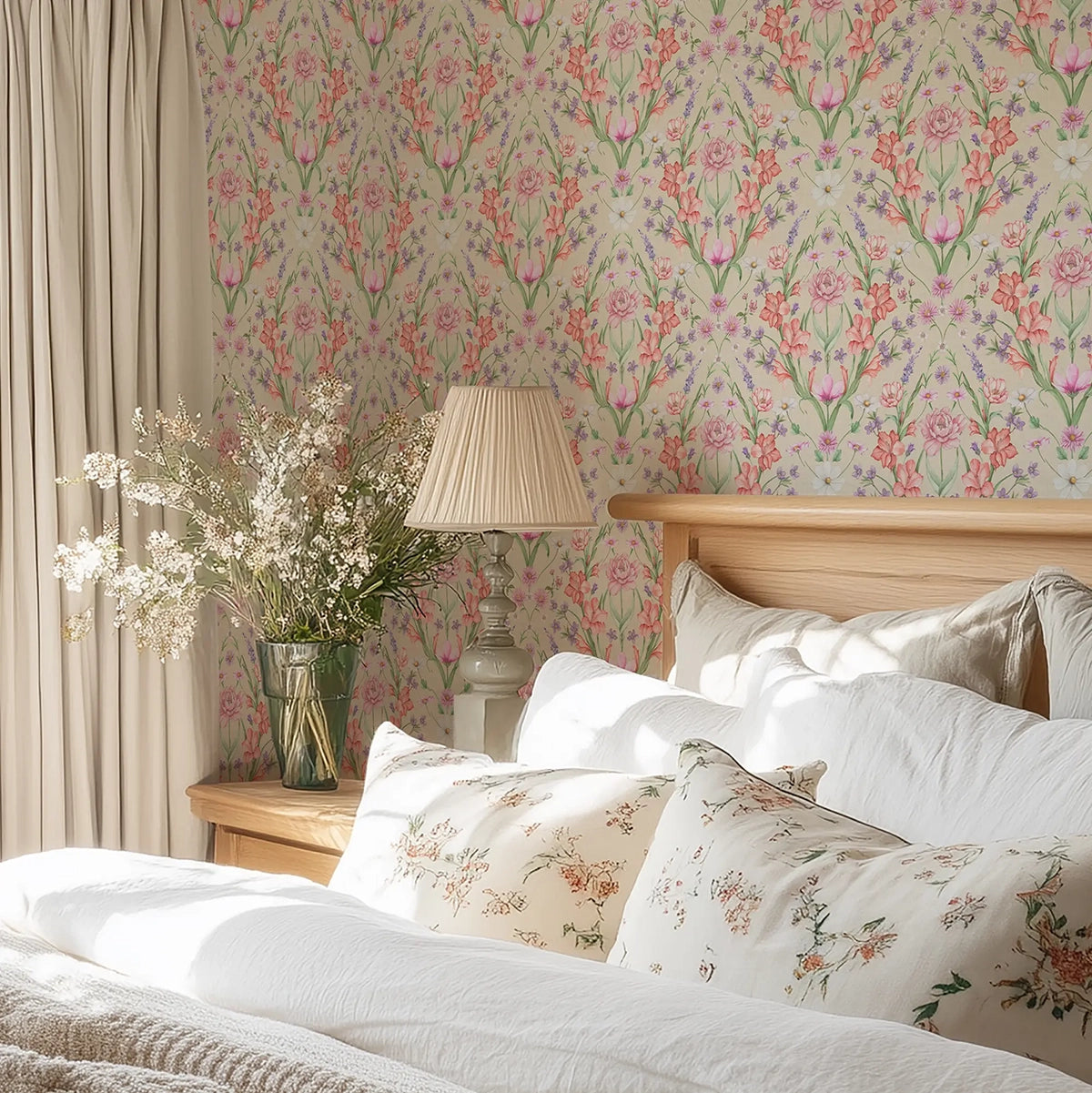 Bedroom with large-scale floral wallpaper, bed with floral pillows, and lamp on nightstand.