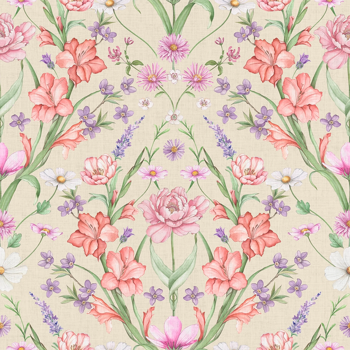 Wallpaper pattern of large-scale florals in pink and orange on a neutral background.
