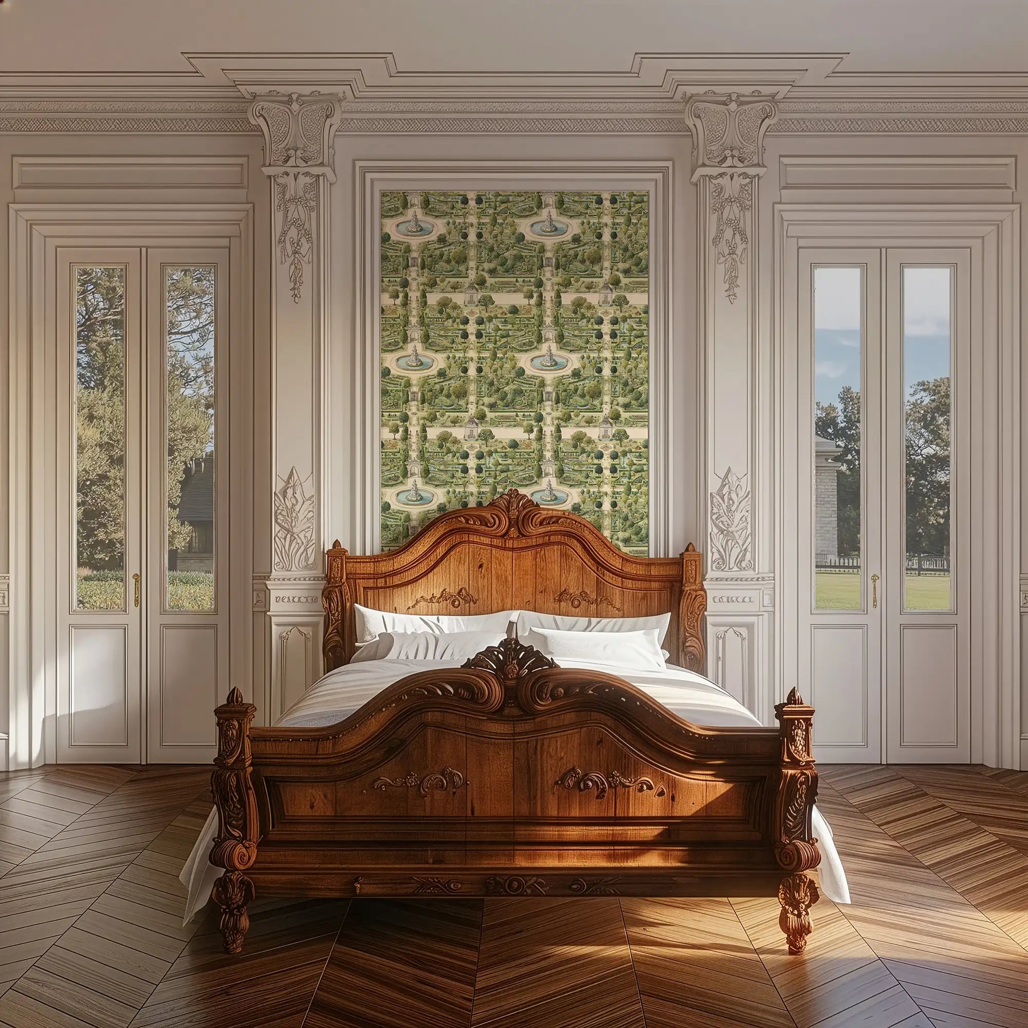 Manor House Garden Wallpaper in Greens on Parchment Cream