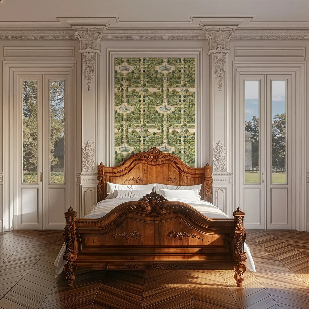 Manor House Garden Wallpaper in Greens on Parchment Cream