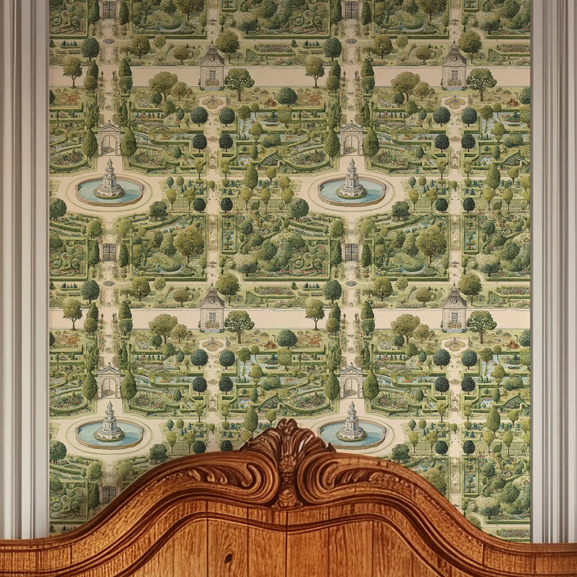 Manor House Garden Wallpaper in Greens on Parchment Cream