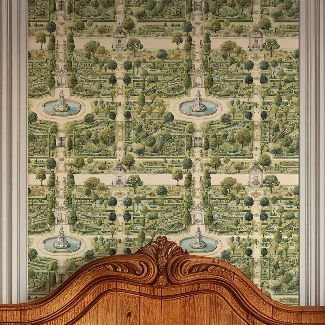 Manor House Garden Wallpaper in Greens on Parchment Cream