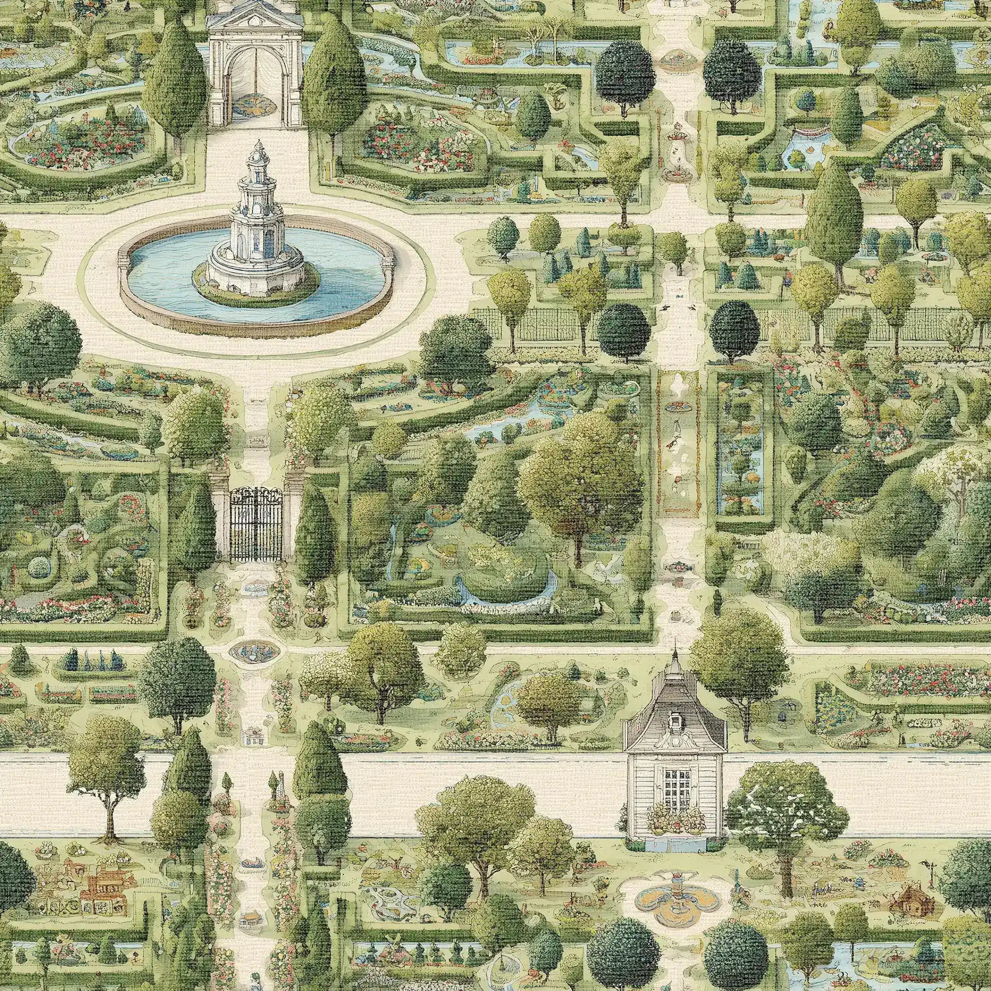 Manor House Garden Wallpaper in Greens on Parchment Cream