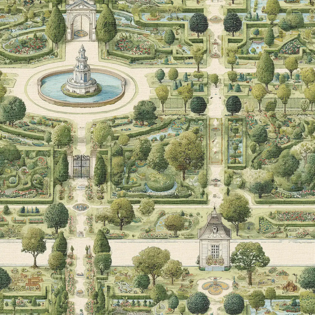 Manor House Garden Wallpaper in Greens on Parchment Cream