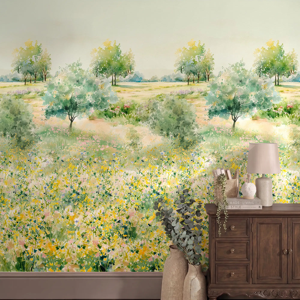 Meadow Masterpiece Wallpaper in Greens, Yellows and Pink