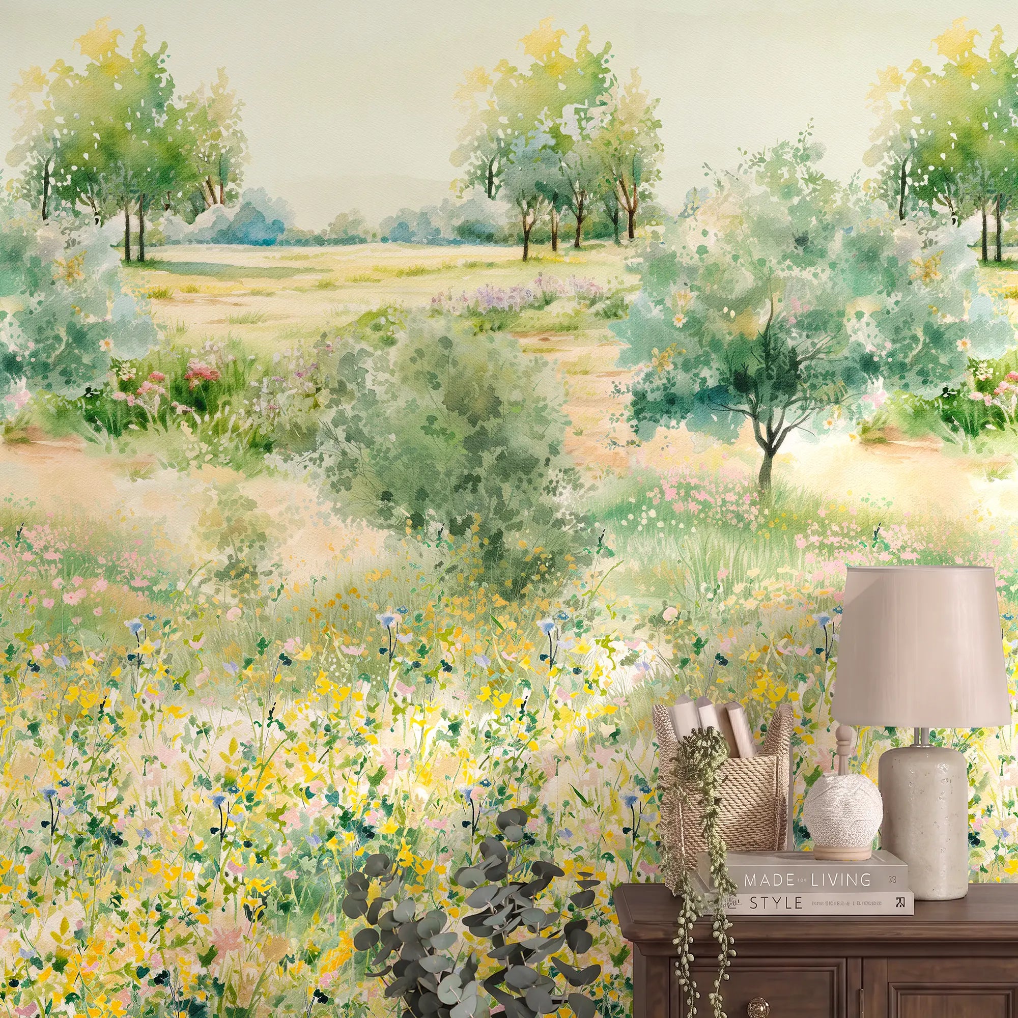 Meadow Masterpiece Wallpaper in Greens, Yellows and Pink