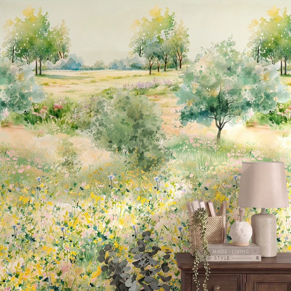 Meadow Masterpiece Wallpaper in Greens, Yellows and Pink